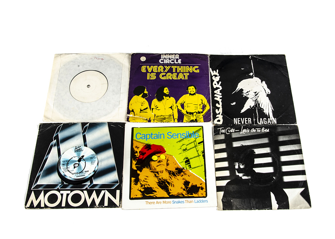 7" Singles, approximately ninety 7" singles of various genres with artists including Discharge,