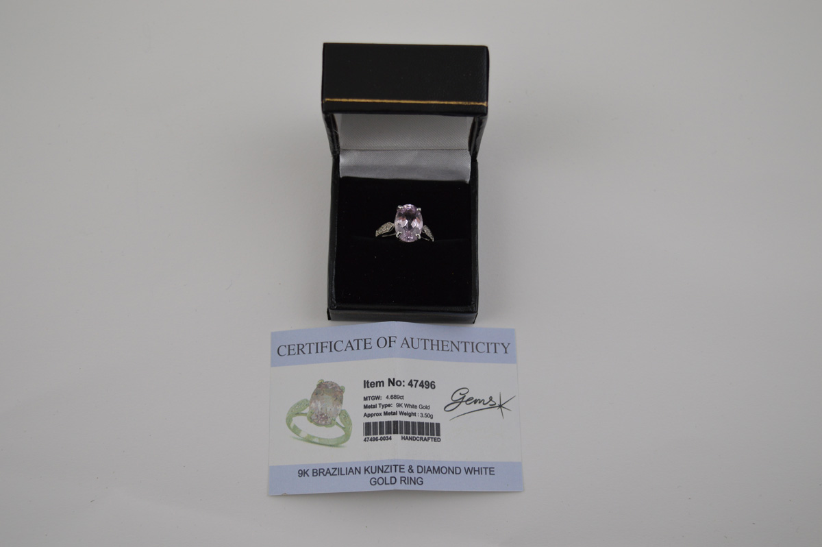 A certificated 9ct gold Brazilian kunzite and diamond white gold dress ring, the oval mixed cut claw - Image 2 of 2