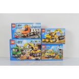 Four boxed Lego City models, including Dump Truck 4434, Digger 7248, Service Truck 60073 and
