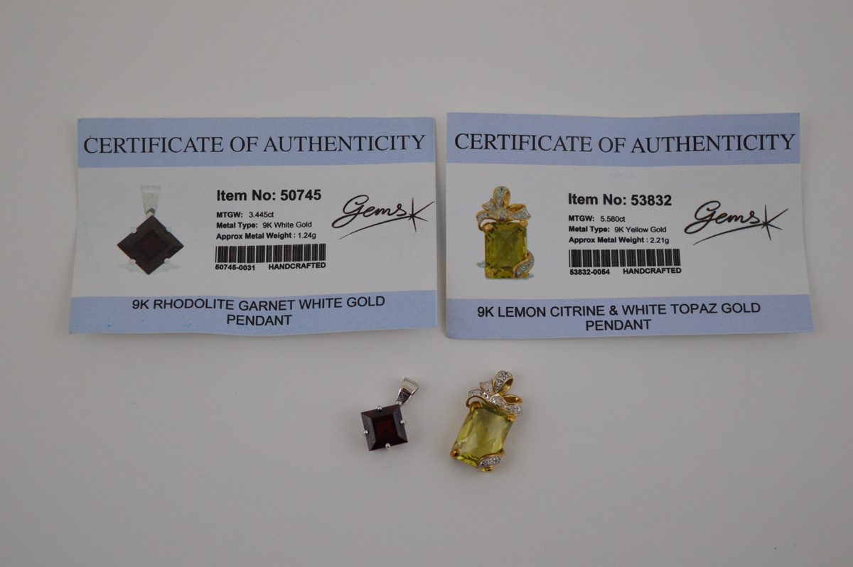 Two certificated 9ct gold gem set pendants, comprising a rhodolite garnet, the mixed square cut in - Image 3 of 3