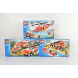 Three boxed Lego City models, Fire Helicopter 7206, unopened, Fire Truck and Fire Boat 7213,