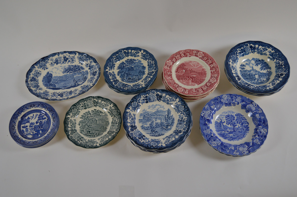 A collection of transfer printed plated and dishes including, blue and white red and white