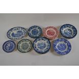 A collection of transfer printed plated and dishes including, blue and white red and white