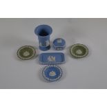 A small collection of Wedgwood jasperware, including pale blue and green examples. (6)