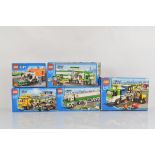 Five boxed Lego City models, including Auto Transporter 60060 unopened, Garbage Truck 60118 opened