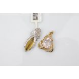 A certificated 9ct gold rose quartz and diamond pendant, the oval mixed cut claw set central stone