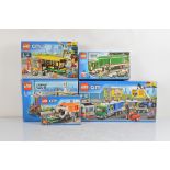 Five boxed Lego City models, Cargo Terminal 60169, unopened, Bus Stop 60154, unopened, Service