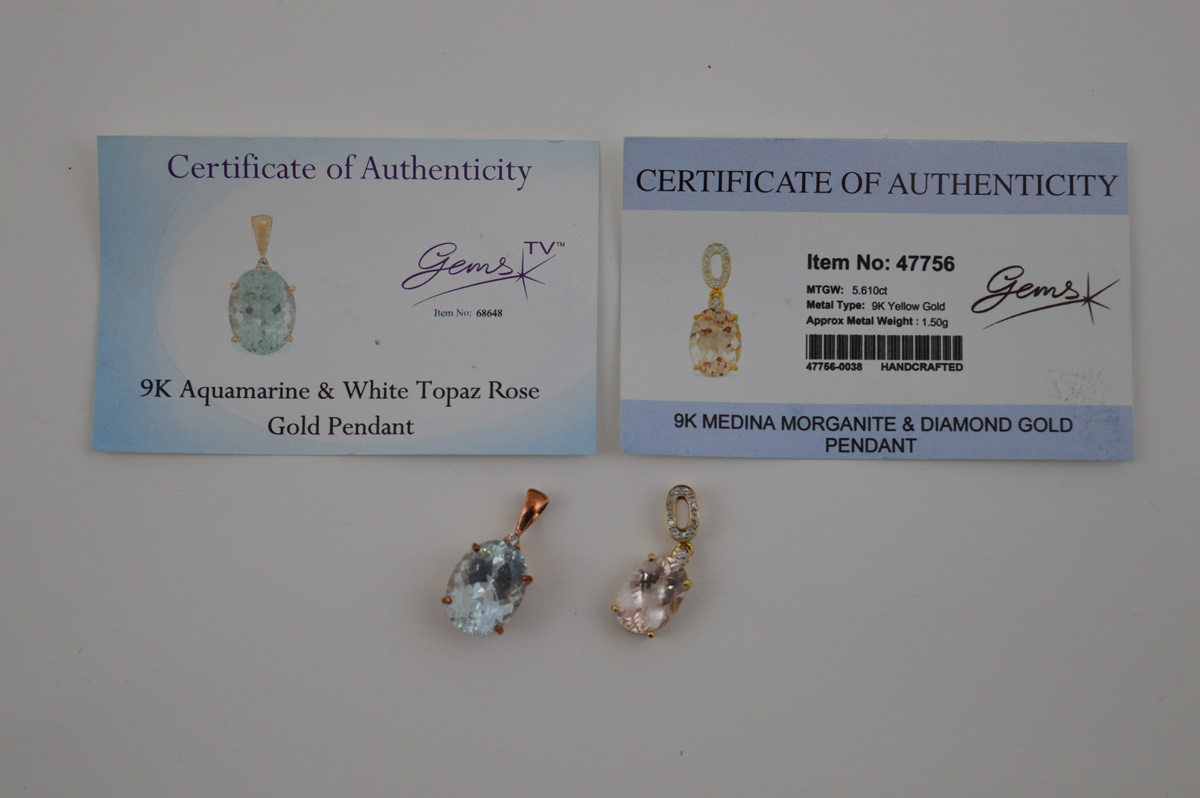 Two 9ct gold beryl set pendants, comprising an aquamarine oval mixed cut with topaz set top in - Image 3 of 3