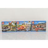 Three boxed Lego City models, including Tow Truck Trouble 60137 unopened, ATV Race Team 60148