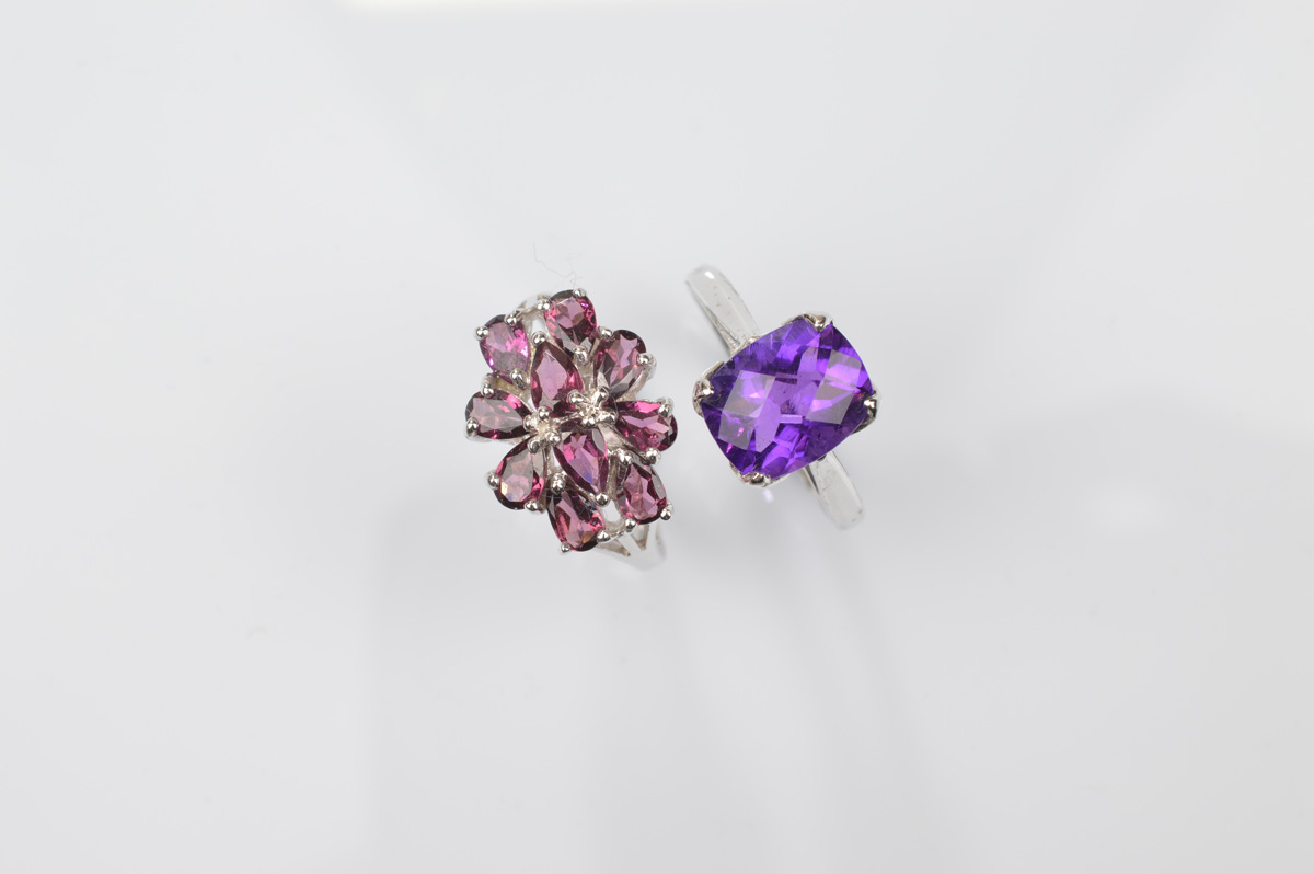 Two certificated 9ct gold gem set dress rings, comprising an amethyst and topaz crown set example,