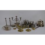 A collection of assorted metalware including, Old Hall stainless steel tea set, silver plated candle