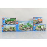 Five boxed Lego City models, including Truck and Forklift 7733 unopened, Garbage Truck 60118
