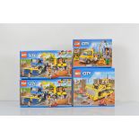Four boxed Lego City models, including Service Truck 60073 unopened, 2 x Sweeper and Excavator 60152