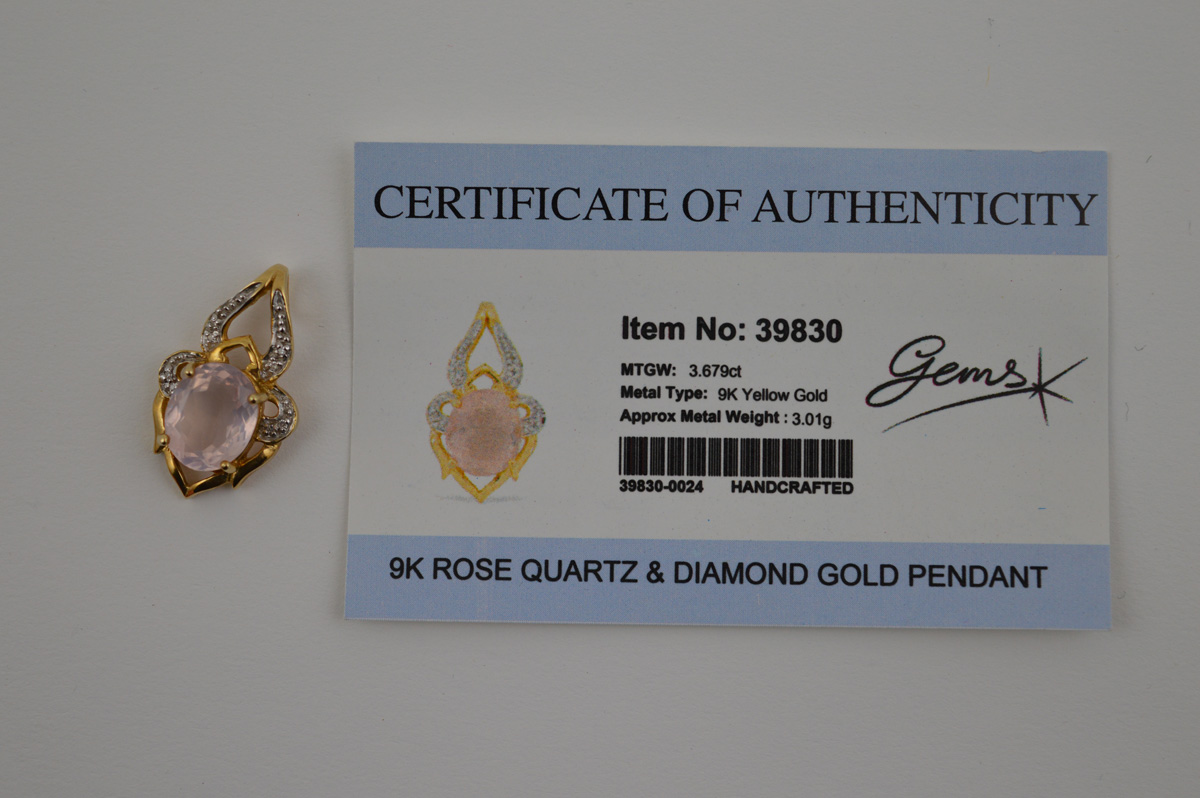 A certificated 9ct rose quartz and diamond set yellow gold pendant, the rose quartz oval mixed cut - Image 2 of 2