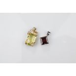 Two certificated 9ct gold gem set pendants, comprising a rhodolite garnet, the mixed square cut in