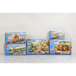 Five boxed Lego City models, including Mining Truck 4202 opened with manual and unchecked, Tipper