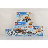 Four boxed Lego City models, including Arctic Mobile Exploration Base 60195 unopened, Arctic Scout