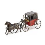 A French Jules Edmond Faivre Tinplate Horse-Drawn Carriage, black over red carriage, lead wheels,
