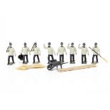 Mignot French Army Fatigue Party (8 figures plus accessories), original Mignot figures with recast