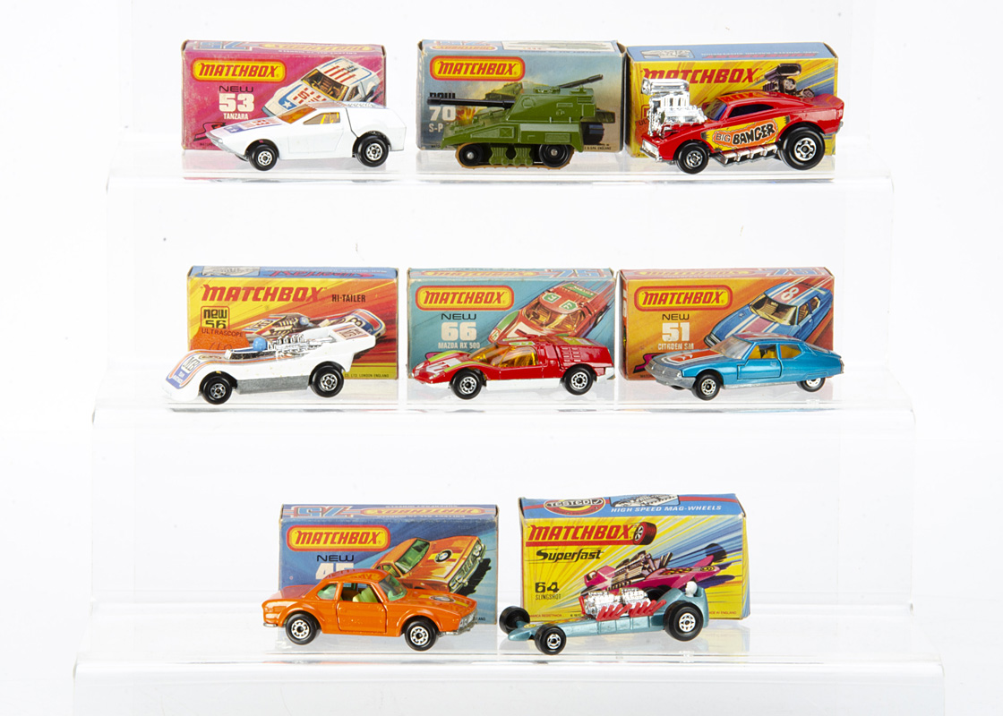 Matchbox Superfast, 66 Mazda RX 500, 51 Citroën SM, 56 Hi-Tailer, 26 Big Banger, 70 S-P Gun, 53