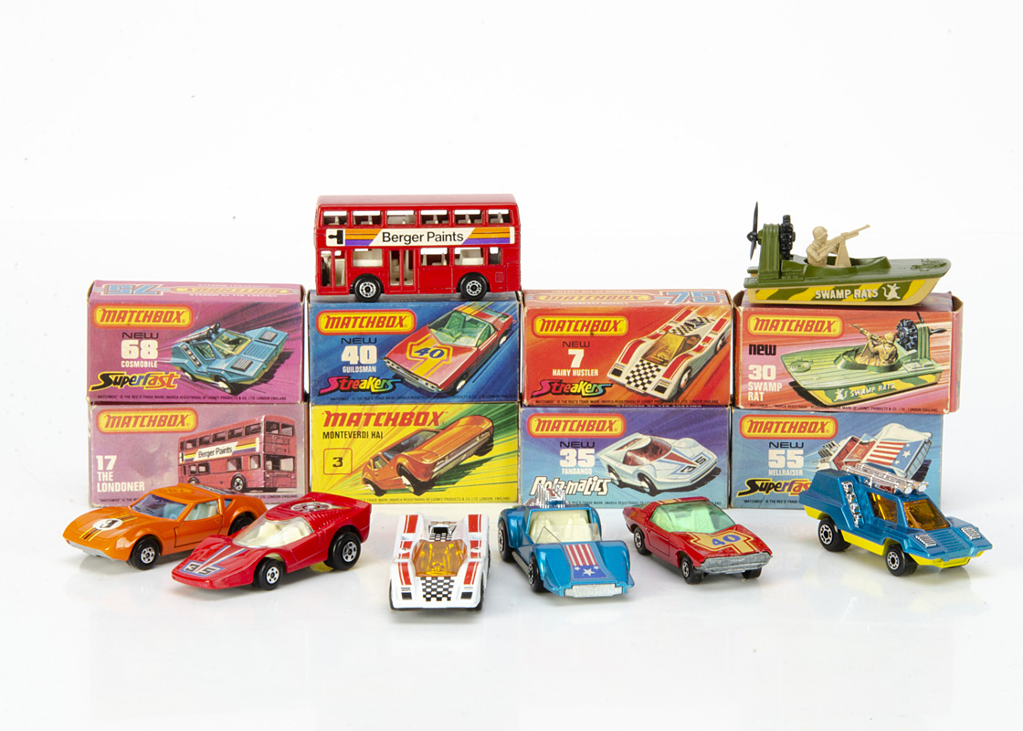 Matchbox Superfast, 3 Monteverdi Hai, 35 Fandango, 17 The Londoner, 55 Hellraiser, 68 Cosmobile,