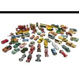 Playworn Dinky Toys, including Blaw Knox Bulldozer, Massey-Harris Tractor (2), Coles Mobile Crane,