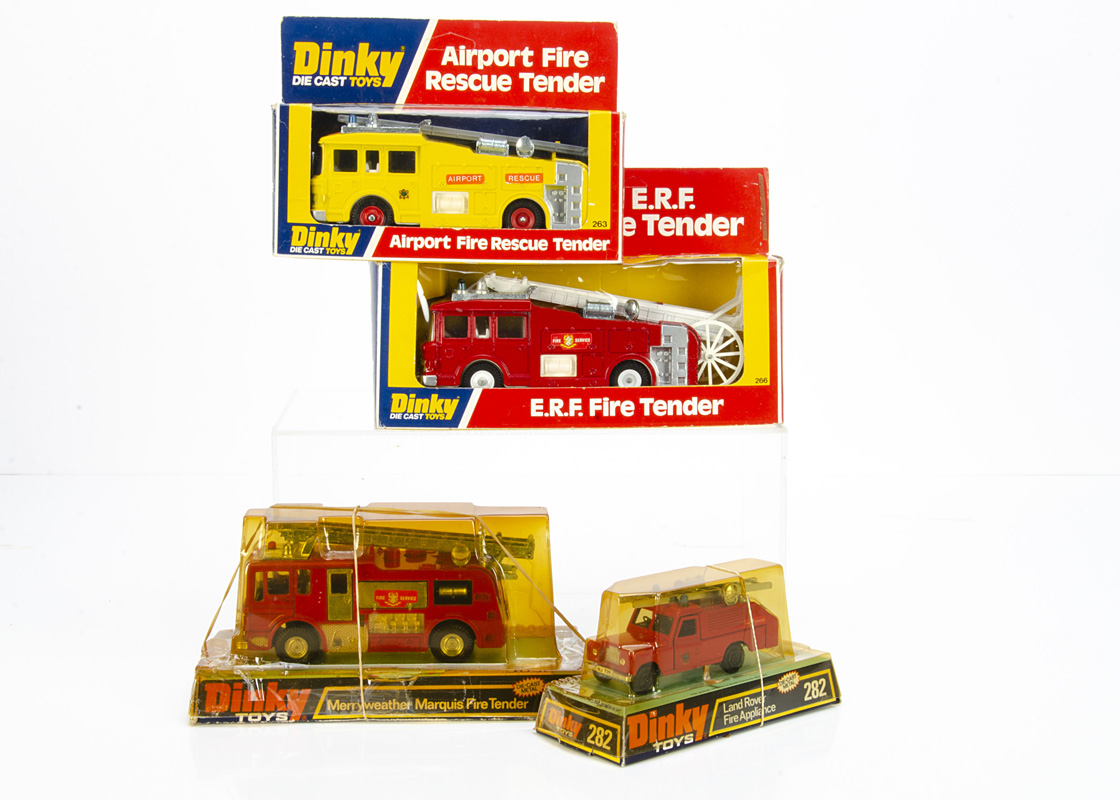 Dinky Toys 266 E.R.F Fire Tender, 263 Airport Fire Rescue Tender, 285 Merryweather Marquis Fire