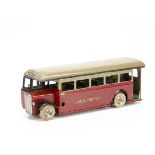 A Tri-ang Minic Tinplate Clockwork Pre-War 52M Single Decker Bus, dark red lower body, stone upper