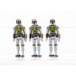 Vintage Star Wars Tri-Logo Boba Fett Action Figures, three examples, all unpainted knee, unpainted