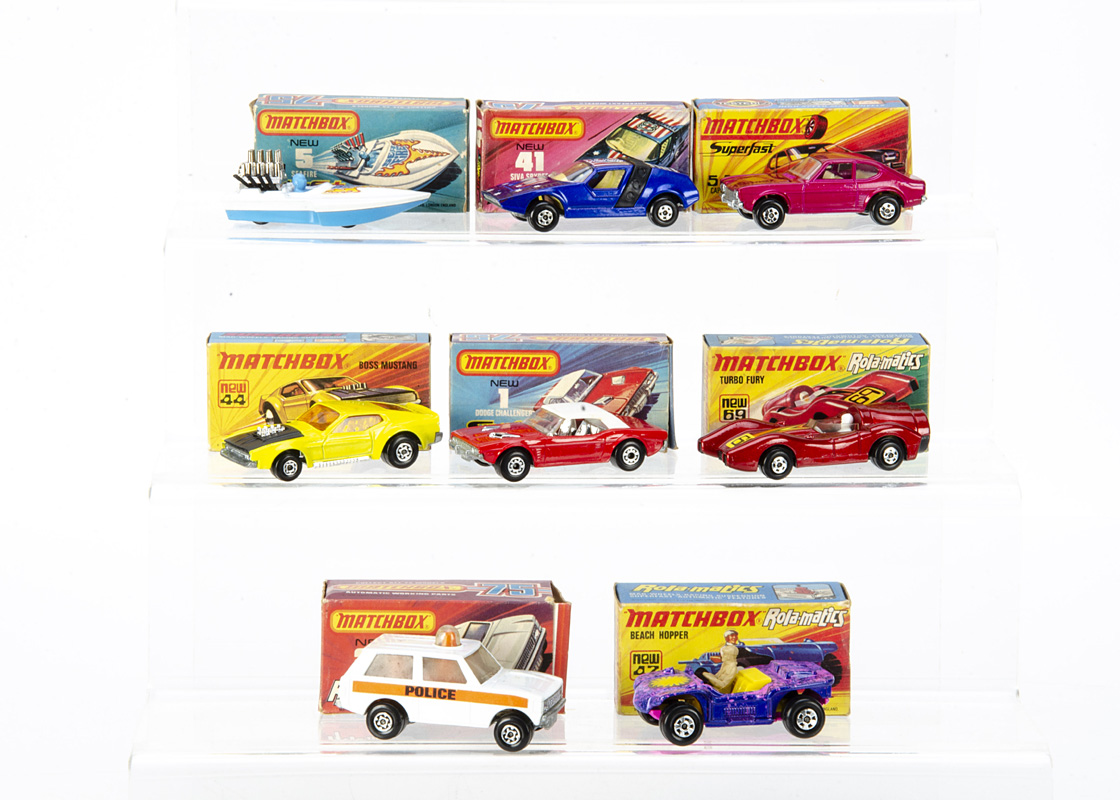 Matchbox Superfast, 54 Capri, 41 Siva Spyder, 5 Seafire, 69 Turbo Fury, 1 Dodge Challenger, 44