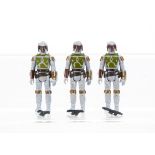 Vintage Star Wars Tri-Logo Boba Fett Action Figures, three examples, all unpainted knee, unpainted