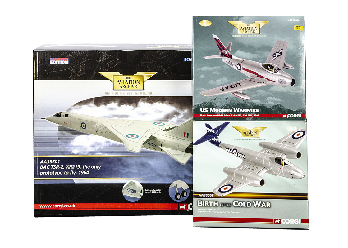 Corgi Aviation Archive, three boxed1:72 scale examples AA38601 BAC TSR-2 XR219 RAF 1964, AA35001