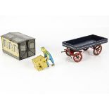 Tin Toys, large Horse-Drawn Open Goods Wagon, in dark blue with white lining and red cart wheels,