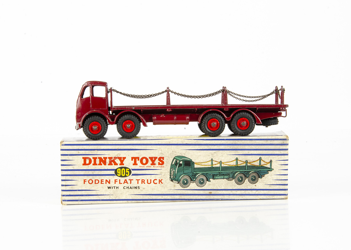 A Dinky Toys 905 Foden Flat Truck With Chains, 2nd type maroon cab, chassis and flatbed, red grooved