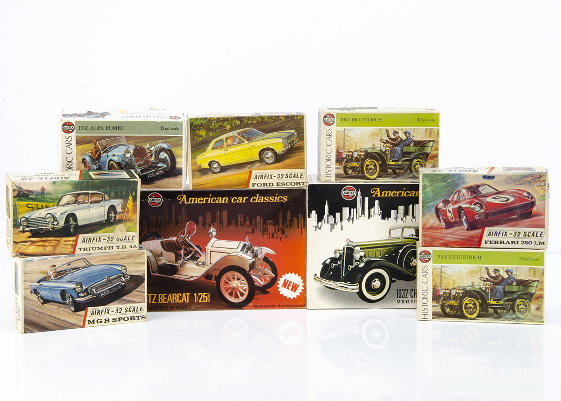 1960s-70s Airfix 1:25 & 1:32 Car Kits, 1:25 1914 Stutz Bearcat, 1932 Chrysler Imperial, 1:32 Ferrari