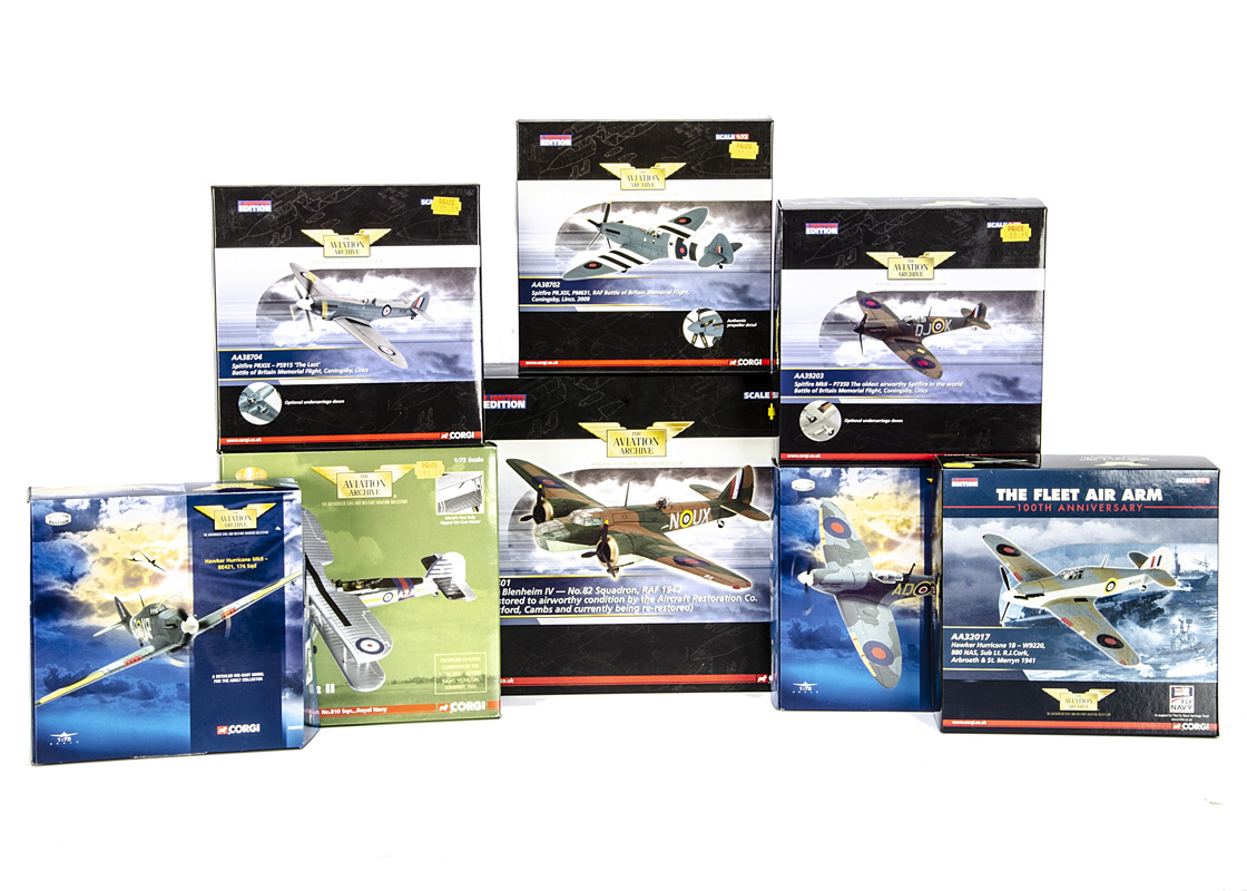 Corgi Aviation Archive WWII Aircraft, eight boxed examples 1:72 scale, AA39203 Spitfire, AA38704