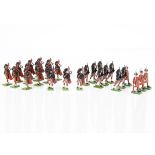 Britains New Metal Scottish bagpipers comprising red hackle (9), blue hackle (14), Beefeaters (4),