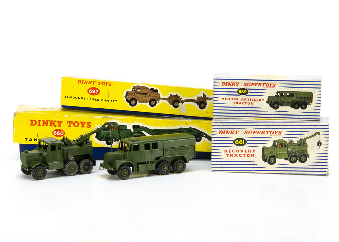 Dinky Toys 660 Tank Transporter, 697 25-Pounder Field Gun Set, 689 Medium Artillery Tractor, 661