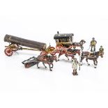 Britains unboxed log wagon (front platform and traces replaced), pre WW2 horse drawn roller with