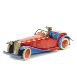 A Meccano Non-Constructor Two Seater Sports Car M223, red body and wheels, blue chassis and seats,