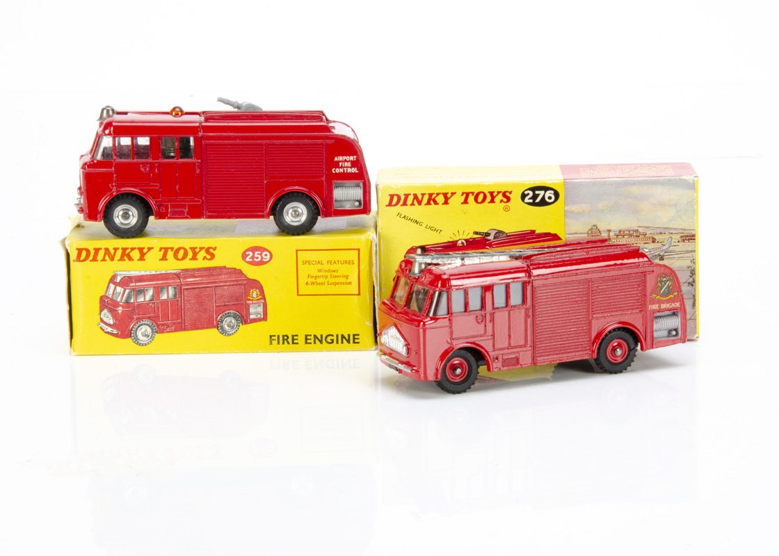 Dinky Toys 259 Fire Engine, red body, 'Fire Brigade' crest, red plastic hubs, 276 Airport Fire