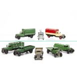 Dinky Toy Commercial Vehicles, 25a Wagon, dark green body, type 3 chassis, 25b Covered Wagon,