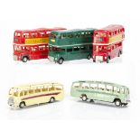 Tri-ang Minic Motorways Buses & Coaches, M.1544 Coach (2), one yellow, one pale green, M.1545 Double