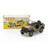 A Tri-ang Minic Tinplate Clockwork U.S Army Jeep No 2, military green body with spare wheel and