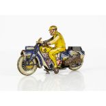 A Mettoy Tinplate Clockwork AA Motorcycle Patrol, detailed tinprinted toy, dark blue motorcycle, '