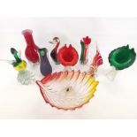 Ten pieces of mid 20th Century glassware with bold colouration, the tallest a flaring vase with