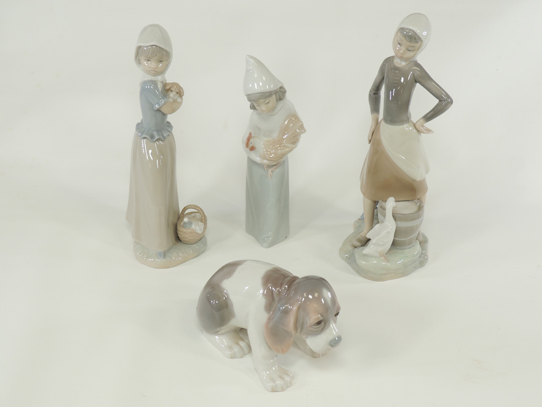 Four Spanish Lladro porcelain figures with a theme of childhood and animals, a girl and duck, girl