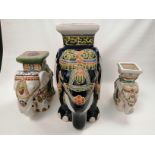 A graduated set of three ceramic elephants, the tallest 40cm and possibly a garden seat (3)