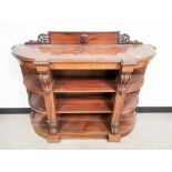 A Victorian rosewood console bookcase, bow front with parquetry Greek key design to frieze,