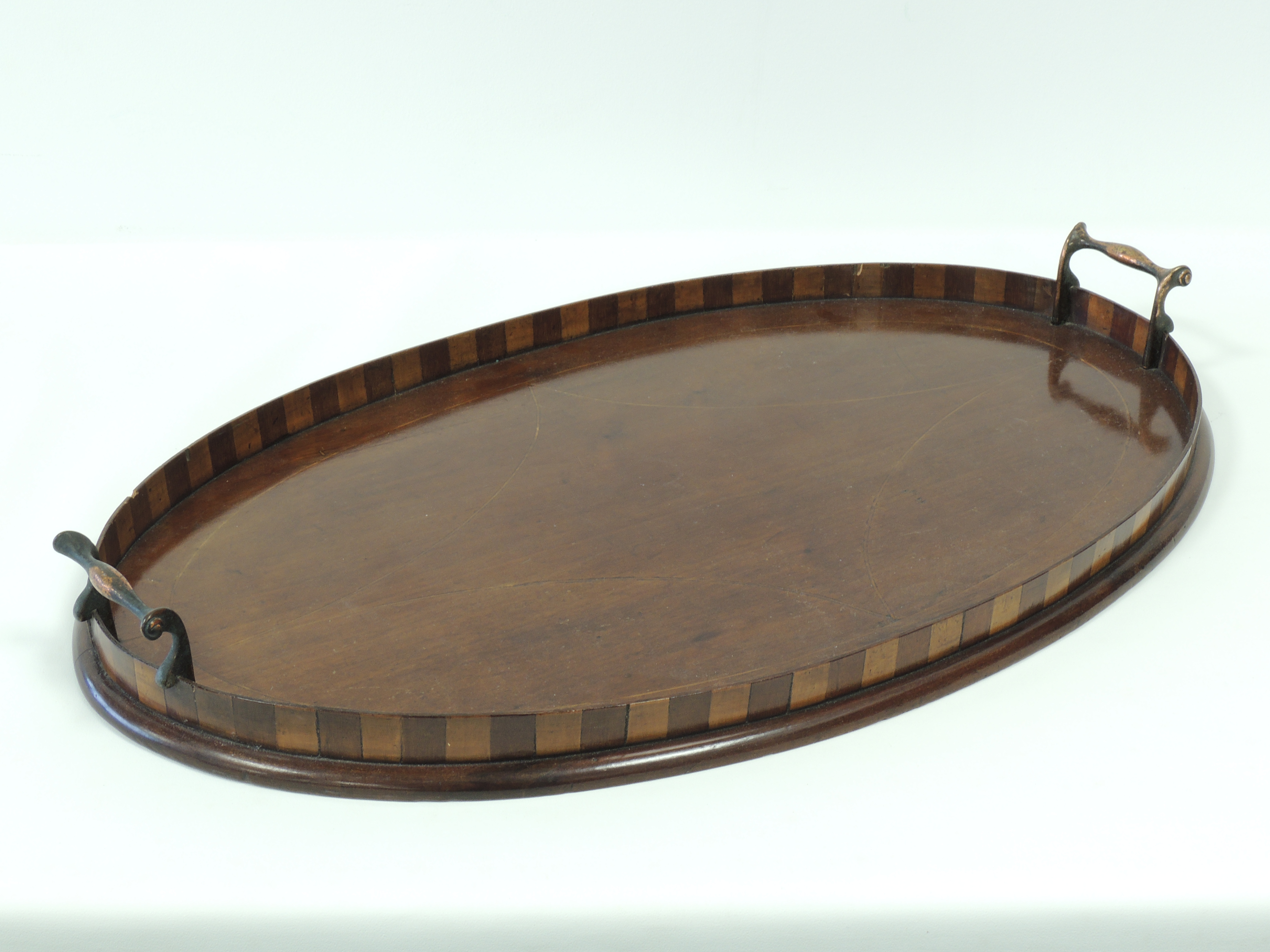 An Edwardian mahogany inlaid oval gallery tray, with twin copper handles, diameter 58cm - Image 2 of 2